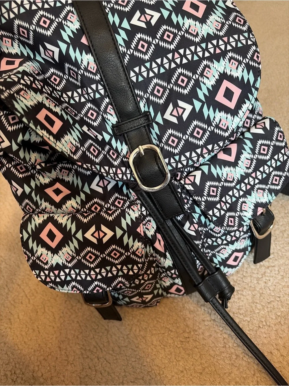 Black Aztec-Pattern Backpack with Pink & Teal Accents